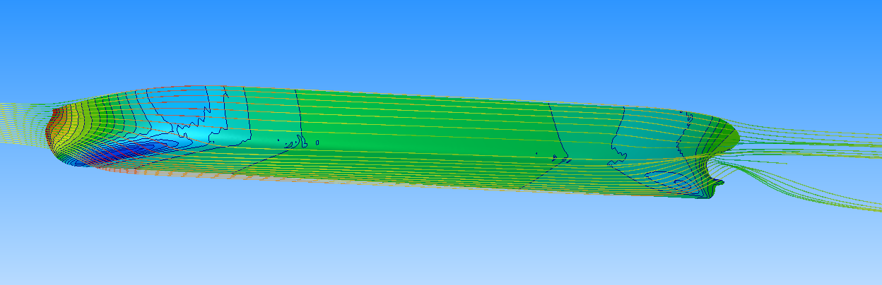 船体周りの圧力分布と流線