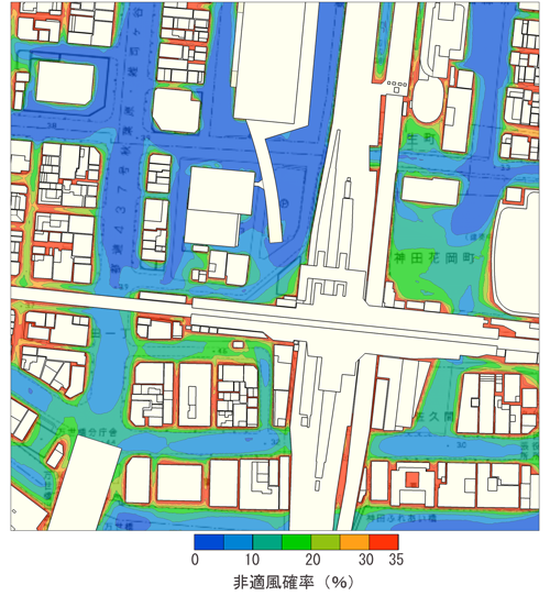 「弱風による非適風」の発生確率分布（地上1.5m高さ、等高線5％ピッチ）