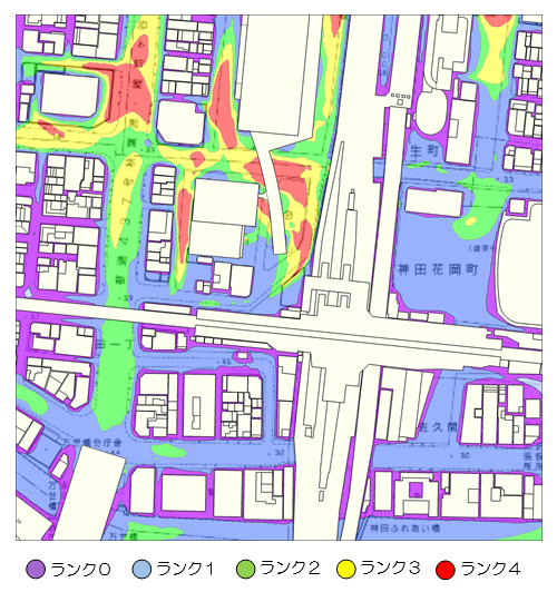 強風の影響に加えて弱風の影響も考慮した風環境ランク分布（地上1.5m高さ）